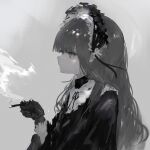  1girl bangs black_bow black_bowtie black_gloves black_shirt blunt_bangs bow bowtie cigarette closed_mouth expressionless gloves gothic_lolita grey_background grey_eyes grey_hair greyscale headdress highres holding holding_cigarette lolita_fashion long_hair long_sleeves misumigumi monochrome no_pupils original profile shirt sketch smoke solo upper_body 