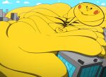 area_break belly big_belly big_butt building butt chubby_cheeks city female fur generation_1_pokemon hi_res huge_butt hyper hyper_belly hyper_butt immobile morbidly_obese nintendo obese overweight pikachu pokemon pokemon_(species) solo weight_gain yellow_body yellow_fur 