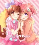  2girls animal_ears brown_eyes brown_hair candy_lapin_(show_by_rock!!) group_name haru_ichigo looking_at_viewer lop_rabbit_ears multiple_girls one_eye_closed pig_ears pig_girl pig_macaron_(show_by_rock!!) pig_tail pink_hair purple_eyes rabbit_ears rabbit_girl short_hair show_by_rock!! tail tareme twintails 