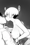  1boy 1girl bar_censor blush breasts censored commentary completely_nude faceless faceless_male french_kiss from_side greyscale handjob hetero highres jorin kiss large_breasts monochrome nipples nude original penis saliva short_hair steaming_body symbol-only_commentary translation_request 