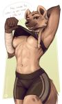  2023 abs anthro athletic athletic_anthro athletic_female biped breasts brown_body brown_fur clothed clothing clothing_lift dialogue digital_media_(artwork) english_text facial_piercing female fur hyena looking_at_viewer mammal navel nipple_piercing nipples nose_piercing nose_ring piercing pinktaco ring_piercing shirt shirt_lift smile smiling_at_viewer solo speech_bubble sportswear spots spotted_body spotted_fur talking_to_viewer tan_body tan_fur text topwear 