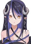  1girl 774_inc. :o bangs belt black_bandeau black_belt black_hair blue_belt blue_hair breasts brown_eyes chest_belt cleavage collarbone commentary curled_horns demon_girl demon_horns grey_horns hair_between_eyes hebiyoi_tier highres horns large_breasts long_hair looking_at_viewer multicolored_hair off_shoulder open_mouth pointy_ears sidelocks simple_background snake_bite solo sugar_lyric two-tone_hair upper_body virtual_youtuber white_background yuru._(m29125567) 