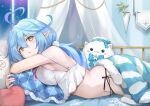  1girl :3 absurdres ahoge bangs bare_shoulders black_panties blue_bow blue_hair blue_jacket blush blush_stickers bow breasts camisole commentary curtains elf from_side fur-trimmed_jacket fur_trim hair_between_eyes heart heart_ahoge highres hololive indoors jacket large_breasts long_hair looking_at_viewer looking_to_the_side lying mirror night night_sky object_hug official_alternate_hairstyle on_bed on_stomach panties parted_lips pillow pillow_hug pink_nails pink_ribbon plant pointy_ears polka_dot_camisole pom_pom_(clothes) potted_plant ribbon shiny_skin side-tie_panties sidelocks sky snowflake_print strap_slip striped striped_jacket symbol-only_commentary underwear virtual_youtuber white_camisole window yellow_eyes yoshikawa_hiro yukihana_lamy yukimin_(yukihana_lamy) 