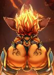  absurd_res anal anthro anus armor balls clothed clothing covenantrt_(artist) feral fire fur genitals hair hi_res humanoid kennen_(lol) league_of_legends male orange_body orange_fur red_body red_eyes red_fur red_hair riot_games short short_anthro short_male solo warrior yellow_eyes yordle 