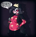  absurd_res anthro belly belly_squish big_belly big_breasts blush breasts chubby_female coleman12345 dialogue english_text female hand_on_breast helluva_boss hi_res navel_outline octavia_(helluva_boss) overweight overweight_anthro overweight_female owl_demon solo speech_bubble squish text weight_gain 