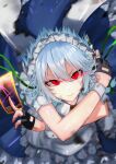  1girl absurdres apron bangs commentary crossed_arms fingerless_gloves gloves highres izayoi_sakuya knife looking_at_viewer maid maid_apron maid_headdress motion_blur red_eyes sazaki_(sakiyuikun) serious short_hair slit_pupils solo speed_lines spell_card touhou white_hair wrist_cuffs 