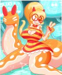  anthro blargen69 blonde_hair breasts buckteeth cleavage cleavage_cutout clothed clothing colored_nails eyelashes eyewear female gastropod gesture glasses glistening glistening_body hair hi_res horn humanoid looking_at_viewer mollusk multicolored_body nails one_eye_closed orange_body orange_skin panties ponytail red_eyes slime slug solo sweater tail teeth thick_tail thick_thighs topwear two_tone_body underwear v_sign wink winking_at_viewer 
