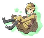  00tea 1boy brown_cape brown_headwear brown_jacket brown_pants cape detective ensemble_stars! green_background jacket looking_at_viewer male_focus mashiro_tomoya microscope multicolored_background pants solo white_background 