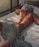  1boy aenaluck artist_name ass back bara beard bed blanket completely_nude covering_with_blanket facial_hair grey_hair highres indoors lying male_focus master_(aenaluck) muscular muscular_male nude on_bed on_stomach original pillow short_hair solo weapon 