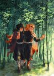  2boys arm_around_shoulder asymmetrical_clothes bamboo bamboo_forest bangs belt black_hair black_pants black_socks blonde_hair blood blood_on_arm blood_on_clothes blood_on_face blood_on_hands blood_on_leg blue_eyes cape colored_tips cuts dated day demon_slayer_uniform flame_print floating_cape floating_clothes forest forked_eyebrows full_body galllisto hair_between_eyes half_updo hand_up haori highres holding_hands injury japanese_clothes katana kimetsu_no_yaiba long_hair long_sleeves looking_away looking_to_the_side male_focus medium_hair morning multicolored_hair multiple_boys nature outdoors outstretched_arm pants pants_tucked_in puffy_pants red_hair rengoku_kyoujurou shin_guards signature socks streaked_hair sword tabi tomioka_giyuu walking waraji weapon white_cape wide_sleeves wind yellow_eyes 