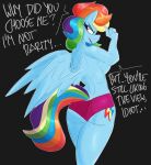  anthro back_boob breasts butt_pose clothed clothing cutie_mark dialogue english_text equid equine female flutterthrash friendship_is_magic hasbro hi_res mammal my_little_pony panties pegasus pose rainbow_dash_(mlp) solo talking_to_viewer text topless underwear wings 