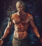  1boy abs aenaluck artist_name bara black_pants blue_eyes bound bound_wrists chain chest_hair closed_eyes dirty dirty_face facial_hair grey_hair highres large_pectorals male_focus master_(aenaluck) muscular muscular_male navel nipples original pants pectorals restrained short_hair solo topless_male torn_clothes torn_pants 