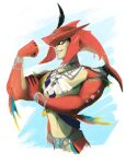  alpha-thunder animal_humanoid anthro belt bracelet breath_of_the_wild cephalopod cephalopod_humanoid fin hi_res humanoid jewelry looking_at_viewer male marine marine_humanoid mollusk mollusk_humanoid multicolored_body nintendo prince_sidon simple_background smile solo squid_humanoid the_legend_of_zelda video_games 