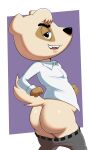  2023 absurd_res aggressive_retsuko anai_(aggretsuko) anthro badger big_butt bottomwear bottomwear_down butt clothed clothing digital_media_(artwork) hi_res jerseydevil lidded_eyes looking_at_viewer male mammal mustelid musteline netflix open_mouth pants pants_down partially_clothed presenting presenting_hindquarters purple_background sanrio shirt simple_background solo teeth thick_thighs topwear white_background white_clothing white_shirt white_topwear wide_hips 