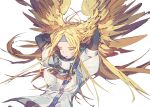  1girl blonde_hair blue_headband breasts closed_eyes feather_hair guilty_gear guilty_gear_x hair_wings head_wings headband juliet_sleeves large_breasts lemming_no_suana long_hair long_sleeves millia_rage prehensile_hair puffy_sleeves 