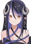  1girl 774_inc. bangs belt black_bandeau black_belt black_hair blue_belt blue_hair breasts brown_eyes chest_belt cleavage closed_mouth collarbone commentary curled_horns demon_girl demon_horns grey_horns hair_between_eyes heart heart-shaped_pupils hebiyoi_tier highres horns large_breasts long_hair looking_at_viewer multicolored_hair off_shoulder pointy_ears sidelocks simple_background smile snake_bite solo split_mouth sugar_lyric symbol-shaped_pupils two-tone_hair upper_body virtual_youtuber white_background yuru._(m29125567) 