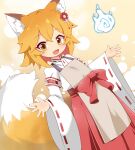  1girl animal_ear_fluff animal_ears apron brown_apron brown_eyes brown_hair commission fang fox_ears fox_girl fox_tail hakama hakama_skirt hitodama japanese_clothes miko muuba open_mouth red_hakama red_skirt senko_(sewayaki_kitsune_no_senko-san) sewayaki_kitsune_no_senko-san shirt short_hair skeb_commission skirt smile solo tail white_shirt 