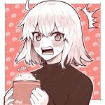 1girl ahoge alternate_costume aruti bangs black_sweater blush border commentary cup fate/grand_order fate_(series) hair_between_eyes highres holding holding_cup jeanne_d&#039;arc_alter_(fate) long_sleeves looking_at_viewer mug open_mouth outside_border short_hair sleeves_past_wrists solo surprised sweat sweater teeth turtleneck turtleneck_sweater twitter_username white_border 