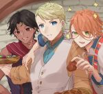  3boys arabian_clothes arm_around_shoulder black_hair blonde_hair blue_eyes blue_necktie brown_eyes bunet_(fire_emblem) dark-skinned_male dark_skin fire_emblem fire_emblem_engage fogado_(fire_emblem) food formal holding holding_food hungry multiple_boys necktie orange_hair pandreo_(fire_emblem) sakura_no_yoru shirt suit vest white_vest yellow_eyes yellow_shirt 