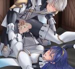  1boy 1girl absurdres armor bangs bar_censor birthmark blue_eyes blue_hair blush breasts censored clitoris closed_eyes commission commissioner_upload cum cum_in_pussy ejaculation eyes_of_grima fire_emblem fire_emblem_awakening fire_emblem_heroes folded gloves hair_between_eyes hana-ko_(kahun9893) happy_sex hetero highres holding leggings long_hair lucina_(fire_emblem) no_panties non-web_source official_alternate_costume open_mouth penis pussy robe robin_(fire_emblem) robin_(male)_(fire_emblem) short_hair skeb_commission small_breasts smile spread_legs sweat tiara torn_clothes vaginal white_hair 