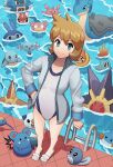  1girl azurill bangs blonde_hair buizel closed_mouth collarbone commentary corsola green_eyes gyarados hand_in_pocket hirosenpai jacket lapras long_sleeves looking_at_viewer mantyke misty_(pokemon) mudkip one-piece_swimsuit open_clothes open_jacket oshawott pokemon pokemon_(creature) pokemon_(game) pokemon_hgss poliwag pool pool_ladder sandals seaking slowpoke smile squirtle standing starmie staryu surskit swimsuit totodile water white_footwear white_one-piece_swimsuit wooper 