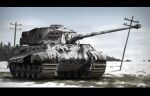  azitarou2020 black_border blue_sky border grass highres landscape military military_vehicle motor_vehicle no_humans original power_lines sky snow tank tiger_ii tree vehicle_focus winter world_war_ii 