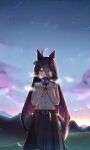  1girl ahoge animal_ears belt black_skirt blush breath cloud covering_mouth earrings feet_out_of_frame hair_between_eyes highres horse_ears horse_girl horse_tail jewelry kumagitsune long_sleeves looking_at_viewer manhattan_cafe_(umamusume) mittens mountainous_horizon multicolored_hair shirt shirt_tucked_in single_earring skirt solo standing star_(sky) streaked_hair sunrise tail umamusume yellow_shirt 
