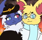  4:3 absol blue_eyes blush braixen canid canine clothing cowboy_hat cuddling dark_suit_style_absol eye_scar eyewear facial_scar female feral fox fur fur_tuft gem generation_3_pokemon generation_6_pokemon glasses hair hat headgear headwear heterochromia hi_res holowear_(pokemon) invalid_tag junyi_issei koi_the_braixen male mammal nintendo pokemon pokemon_(species) pokemon_unite red_eyes ruby_(gem) scar scarf tuft tundra_briar white_body white_fur white_hair yellow_eyes zephyrstar 