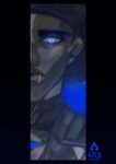  1boy 47_lall apex_legends black_border blue_background blue_eyes border dark-skinned_male dark_skin glowing glowing_eye hat highres jacket lip_piercing looking_at_viewer male_focus piercing portrait seer_(apex_legends) solo spot_color 