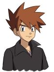  1boy absurdres bangs black_eyes black_shirt brown_hair closed_mouth collared_shirt commentary_request gary_oak highres jewelry looking_at_viewer male_focus necklace pokemon pokemon_(anime) pokemon_dppt_(anime) shirt short_hair simple_background smile solo spiked_hair upper_body wanichi white_background 