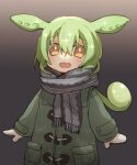  1girl alternate_costume bangs blush coat commentary_request cowboy_shot gradient_background green_coat green_hair grey_background grey_scarf hair_between_eyes long_hair long_sleeves looking_at_viewer nahori_(hotbeans) open_mouth personification scarf smile solo voicevox white_mittens yellow_eyes zundamon 
