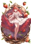  1girl choker closed_mouth commentary dress english_commentary food fruit full_body legs long_hair looking_at_viewer original red_eyes red_footwear red_hair red_ribbon ribbon ribbon_choker sebu_illust shoes simple_background smile standing strawberry thighs white_background white_dress 