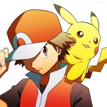  1boy brown_eyes brown_hair closed_mouth commentary_request frown hand_on_headwear hand_up highres jacket kuroki_shigewo male_focus pikachu pokemon pokemon_(creature) pokemon_(game) pokemon_hgss pokemon_on_back popped_collar red_(pokemon) short_sleeves spiked_hair two-tone_headwear wristband 