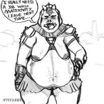  1:1 alien anthro armor band1tnsfw belly big_breasts black_and_white bodily_fluids bottomwear breast_milking breasts clothing digital_drawing_(artwork) digital_media_(artwork) female female_focus gamorrean gamorrean_guard graphite_(artwork) headgear helmet hi_res lactating milk monochrome navel pencil_(artwork) portrait pregnant sketch skirt solo star_wars thick_thighs traditional_media_(artwork) 