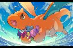 :d blurry brown_eyes character_doll claws cloud commentary_request day dragonite flying from_below highres holding no_humans open_mouth outdoors pokemon pokemon_(creature) pouch roncha_(shumokumoku) shinx sky smile sneasel tongue water 