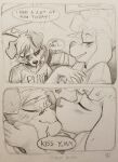  &lt;3 2020 anthro blush canid canine canis car clothed clothing comic dialogue domestic_dog duo english_text eyes_closed fent floppy_ears fur greyscale hair hi_res inside_car kissing male male/male male_anthro mammal monochrome romantic romantic_couple speech_bubble text traditional_media_(artwork) vehicle 