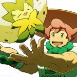  1boy dynamax_band eldegoss freckles gloves green_eyes hat highres kuroki_shigewo male_focus milo_(pokemon) open_mouth pink_hair pokemon pokemon_(creature) pokemon_(game) pokemon_swsh shirt short_sleeves single_glove smile sun_hat teeth tongue 