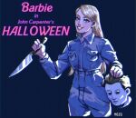  1girl artist_name barbie_(character) barbie_(franchise) blonde_hair blue_eyes blue_pants blue_shirt character_name copyright_name earrings english_commentary halloween_(movie) highres holding holding_head holding_knife horror_(theme) jewelry knife lipstick long_hair makeup michael_myers mozg_(bruh) pants pink_nails pocket shirt simple_background solo standing stud_earrings 