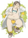  1boy bara belly blush brown_hair censored character_censor coat eye_mask facial_hair fat fat_man flower food from_above fruit full_body glasses grass highres labcoat lying male_focus male_pubic_hair mandarin_orange merchandise naked_coat navel_hair neroli_(pokemon) novelty_censor on_back pokemon_sleep pubic_hair round_eyewear short_hair sleeping snorlax solo stubble thick_eyebrows thighs yunosuke 