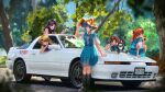  5girls absurdres akagi_ritsuko ayanami_rei bangs bird black_hair black_shirt black_socks blonde_hair blue_eyes blue_hair blue_skirt botttomtext bow brown_eyes brown_hair car dappled_sunlight day green_eyes ground_vehicle hair_bow hat highres holding holding_eyewear horaki_hikari katsuragi_misato kneehighs license_plate long_hair looking_at_viewer motor_vehicle multiple_girls neon_genesis_evangelion nerv on_vehicle orange_hair outdoors penguin penpen purple_shirt red_bow red_eyes red_ribbon ribbon school_uniform shirt short_hair short_sleeves sitting sitting_on_car skirt sleeveless socks souryuu_asuka_langley sun_hat sunglasses sunlight suspender_skirt suspenders tokyo-3_middle_school_uniform toyota toyota_supra tree white_shirt 