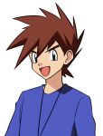  1boy :d absurdres bangs black_eyes brown_hair commentary_request gary_oak highres looking_at_viewer male_focus open_mouth pokemon pokemon_(anime) pokemon_(classic_anime) purple_shirt shirt short_hair simple_background smile solo spiked_hair upper_body wanichi white_background 
