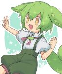  +_+ 1girl :d blue_background blush commentary_request cowboy_shot flat_chest frilled_sleeves frills green_hair green_shorts green_suspenders hair_between_eyes long_hair nahori_(hotbeans) open_mouth outline personification puffy_short_sleeves puffy_sleeves shirt short_sleeves shorts smile solo sparkle star_(symbol) suspenders two-tone_background voicevox white_background white_outline white_shirt yellow_eyes zundamon 