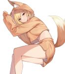  1girl absurdres animal_ears animal_hood arms_up bare_legs blonde_hair crop_top crop_top_overhang fake_animal_ears fake_tail feet_out_of_frame fox_ears fox_tail highres hood hoodie jingburger long_sleeves looking_at_viewer midriff navel red_eyes short_hair short_shorts shorts simple_background solo stomach tail thighs virtual_youtuber waktaverse white_background yellow_hoodie yellow_shorts ziro_(zirorong) 