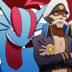  1boy black_coat coat collared_coat crossed_arms drake_(pokemon) facial_hair grey_hair hat highres kuroki_shigewo long_sleeves looking_at_viewer male_focus mustache old old_man open_clothes open_coat poke_ball_print pokemon pokemon_(creature) pokemon_(game) pokemon_oras salamence white_headwear 