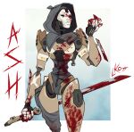  1girl android apex_legends artist_name ash_(titanfall_2) blood blood_on_clothes blood_on_face blood_on_hands blood_on_leg blood_on_weapon blue_leotard character_name english_commentary highres hood hood_up hooded_leotard leotard lila_(lilakeylk) looking_up metal_skin reverse_grip solid_eyes solo weapon 