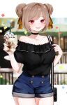  1girl :d alternate_costume bag bare_shoulders black_choker black_shirt breasts brown_hair casual choker commentary_request commission confetti cowboy_shot cup disposable_cup double_bun frappuccino girls&#039;_frontline hair_bun hair_ribbon handbag holding holding_cup kairi630 large_breasts looking_at_viewer off-shoulder_shirt off_shoulder open_mouth p90_(girls&#039;_frontline) red_eyes ribbon shirt shorts skeb_commission smile solo 