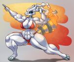  4_fingers anthro big_breasts bikini blue_eyes breasts clothing eyewear female fingers fire generation_5_pokemon glasses half-closed_eyes hi_res legendary_pokemon muscular muscular_anthro narrowed_eyes nintendo pokemon pokemon_(species) red_bikini red_clothing red_swimwear reshiram simple_background smile solo strong_female swimwear thick_thighs white_body z_dragon 