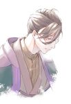  1boy ahoge brown_hair brown_kimono brown_shirt closed_mouth cropped_torso dress_shirt fate/grand_order fate_(series) glasses green_jacket hair_between_eyes hair_pulled_back haori jacket japanese_clothes kimono looking_down male_focus purple_eyes shirt short_hair simple_background smile solo tet_24 white_background yamanami_keisuke_(fate) 