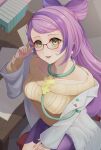  1girl absurdres adjusting_eyewear breasts chair coat collarbone commentary_request eyelashes glasses green_eyes hand_on_own_thigh hand_up highres long_hair long_sleeves looking_up miriam_(pokemon) nagi-negitoro nail_polish open_clothes open_coat pink_nails pokemon pokemon_(game) pokemon_sv purple_hair purple_skirt red-framed_eyewear sitting skirt smile solo sweater table yellow_sweater 