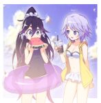  2girls alternate_costume bangs bikini black_hair blue_eyes cup day degarashi_(ponkotsu) disposable_cup eating food fruit hair_between_eyes high_ponytail holding holding_cup holding_food hozumi_shizuku innertube jewelry light_purple_hair long_hair looking_at_another magia_record:_mahou_shoujo_madoka_magica_gaiden mahou_shoujo_madoka_magica mariko_ayaka multiple_girls one-piece_swimsuit open_mouth purple_eyes purple_innertube ring short_hair sky sleeveless sleeveless_jacket smile sparkling_eyes standing swimsuit watermelon watermelon_slice white_bikini 